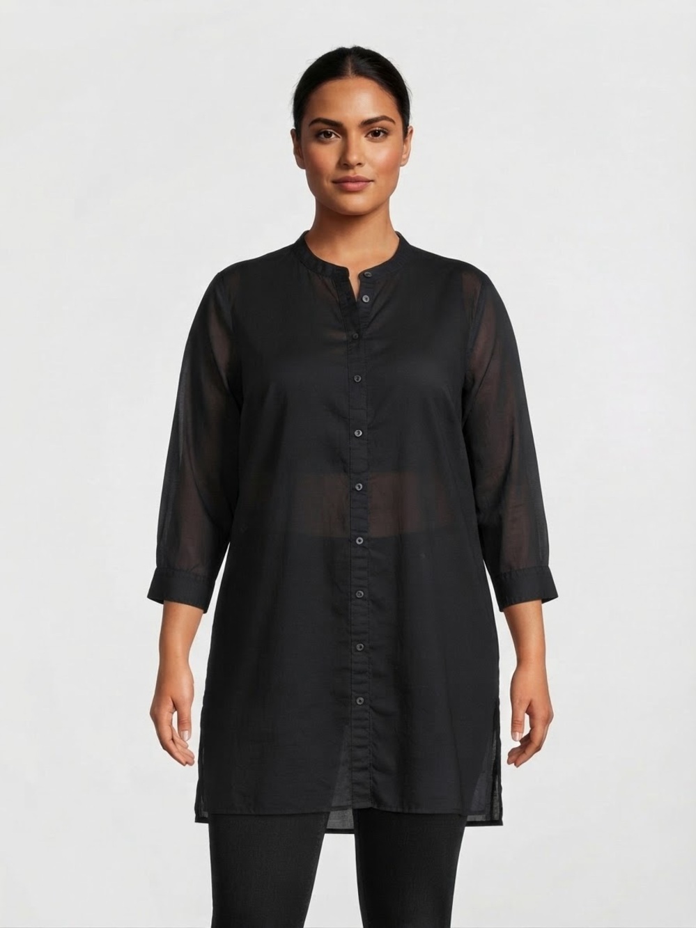 LANDS’ END Semi-Sheer Button-Front Tunic L 23” p2p Black EUC